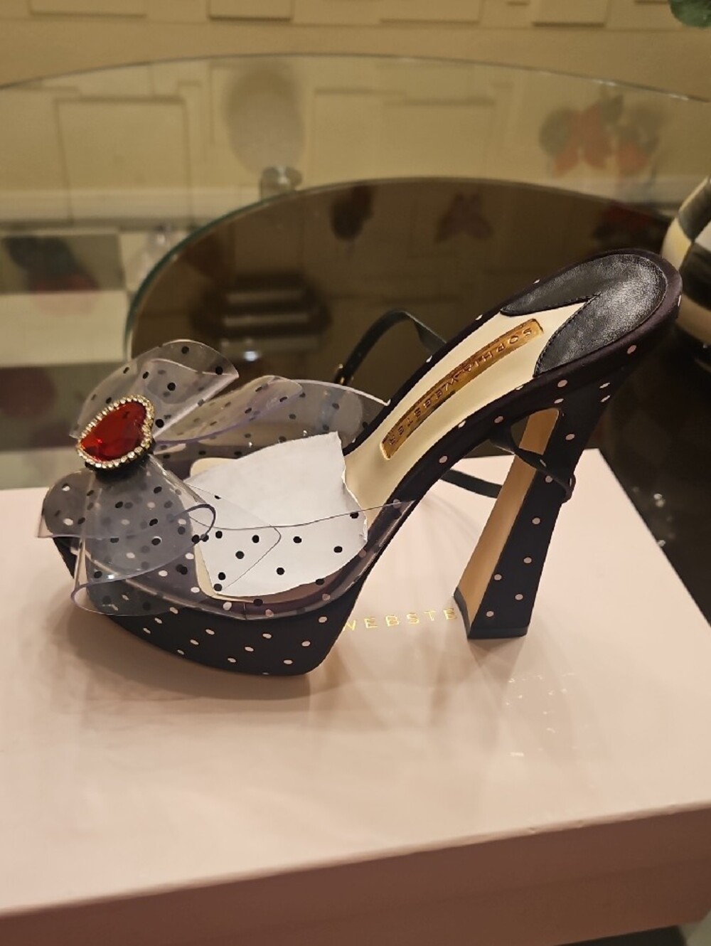 New Sophia Webster Black Polka Dot Platform Sandal with Clear Bow and Red Heart - Picture 2 of 7